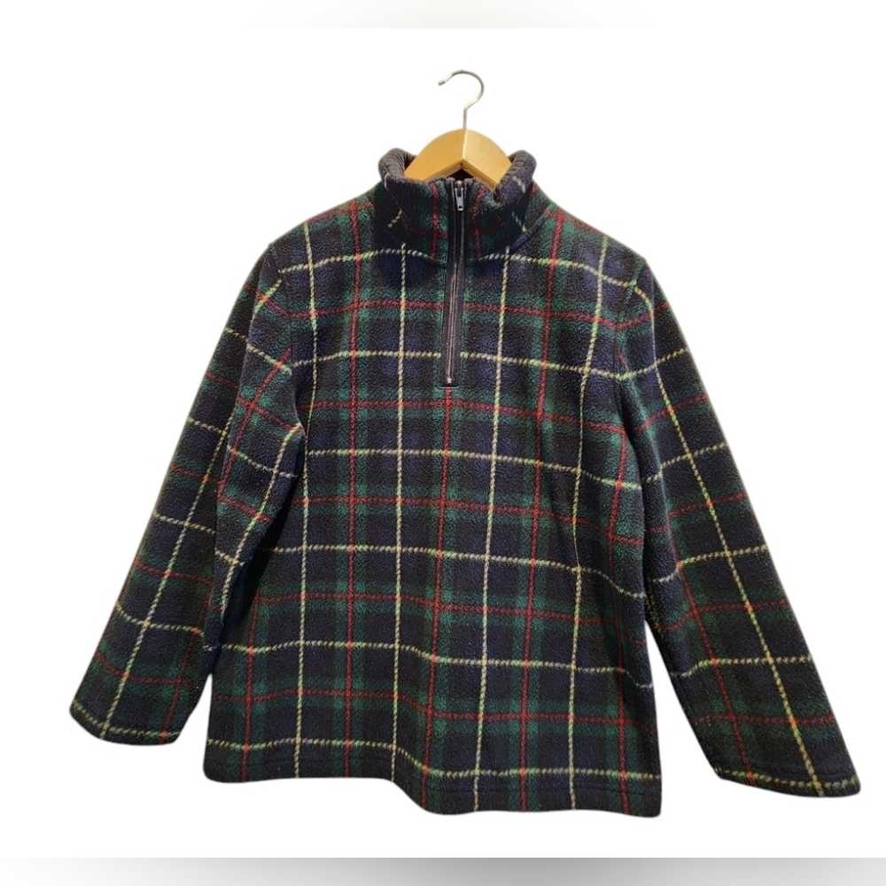 Vintage Talbots Petite S Green Tartan Plaid Quarter Zip Fleece Pullover
